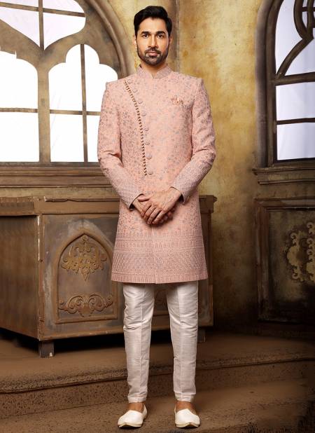 Peach Colour Party Wear Jacquard Nawabi Indo Western Collection 1116